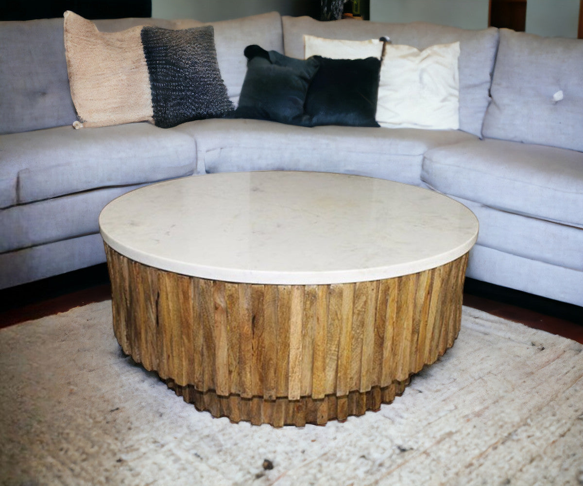 Round Marble Top & Wooden Strips Coffee Table