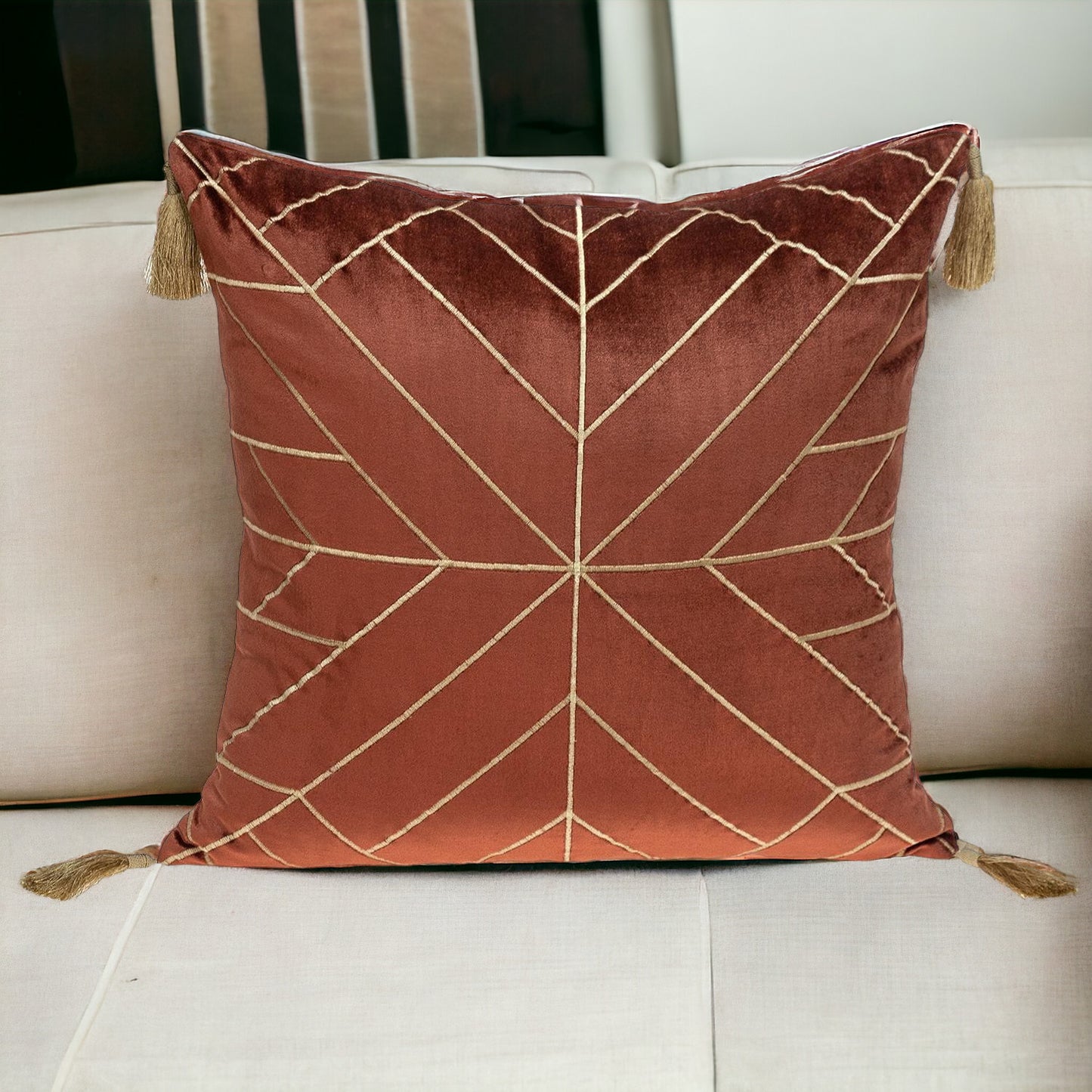 Burnt Orange & Gold Geo Velvet Pillow w/ Gold Tassels