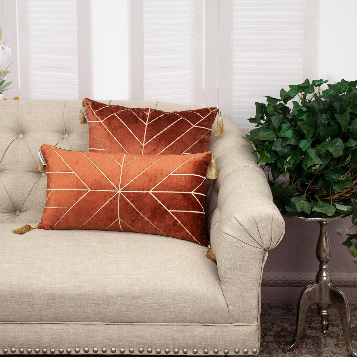 Burnt Orange & Gold Geo Velvet Pillow w/ Gold Tassels