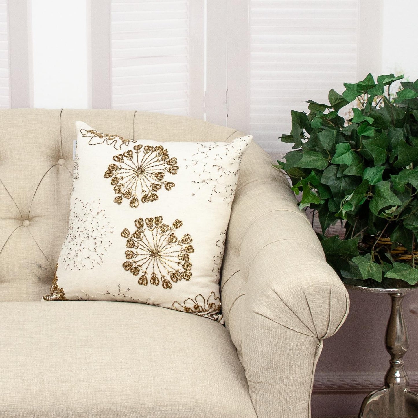 Natural & Golden Metallic Beaded Pillow