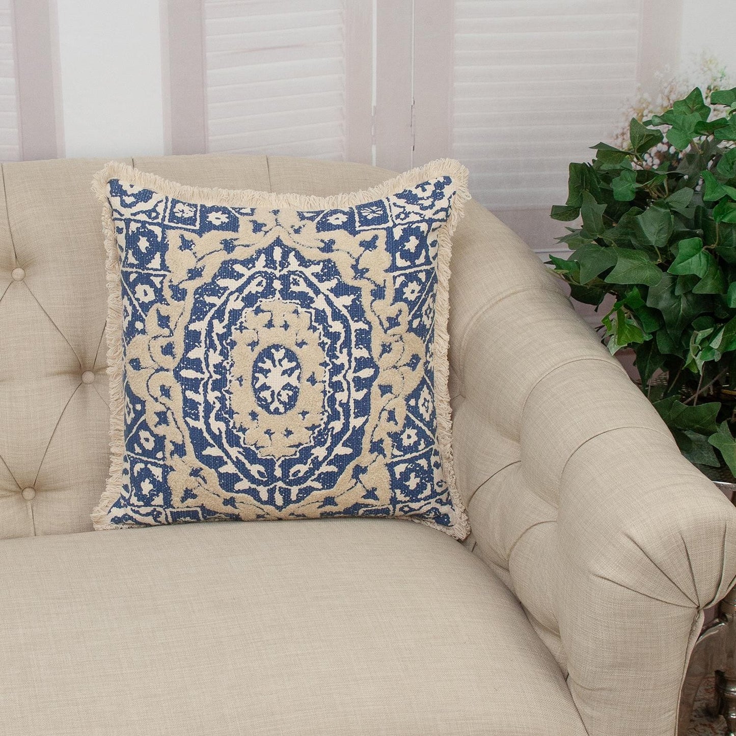 Boho Garland Beige & Navy Blue Accent Pillow