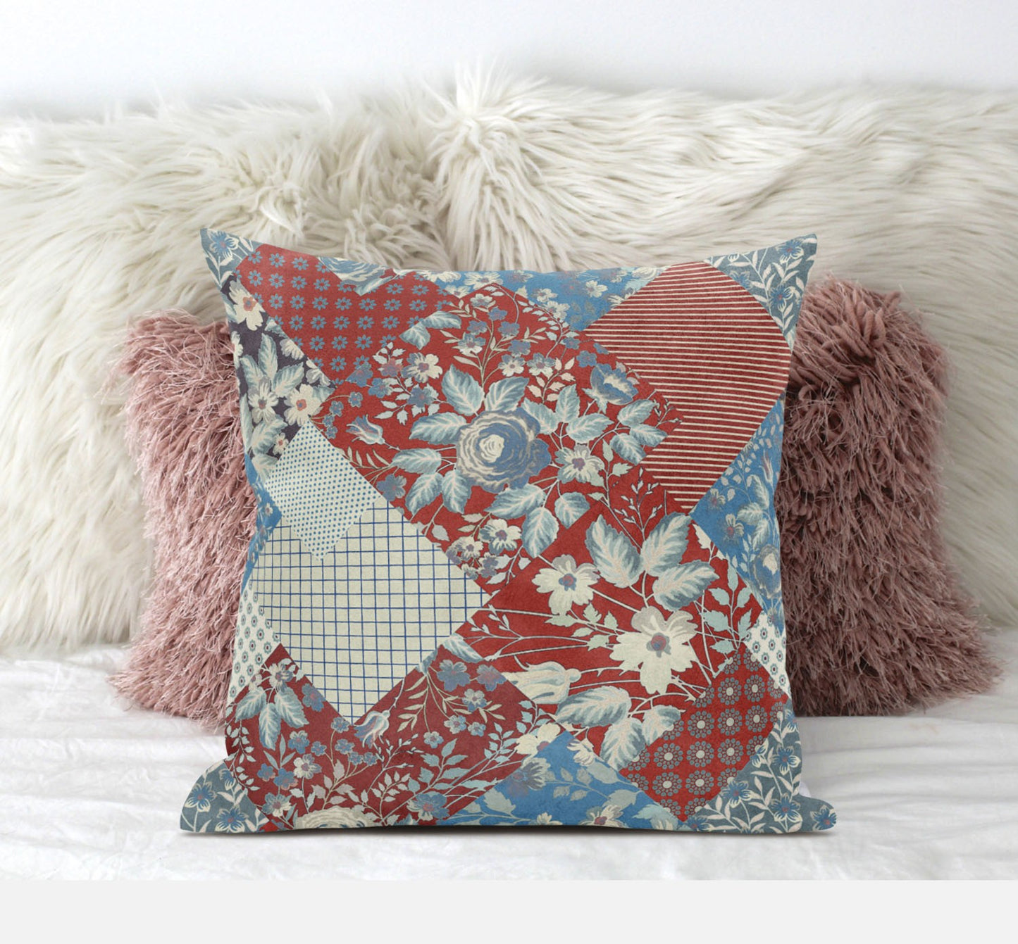 Aqua Red Floral Suede Pillow