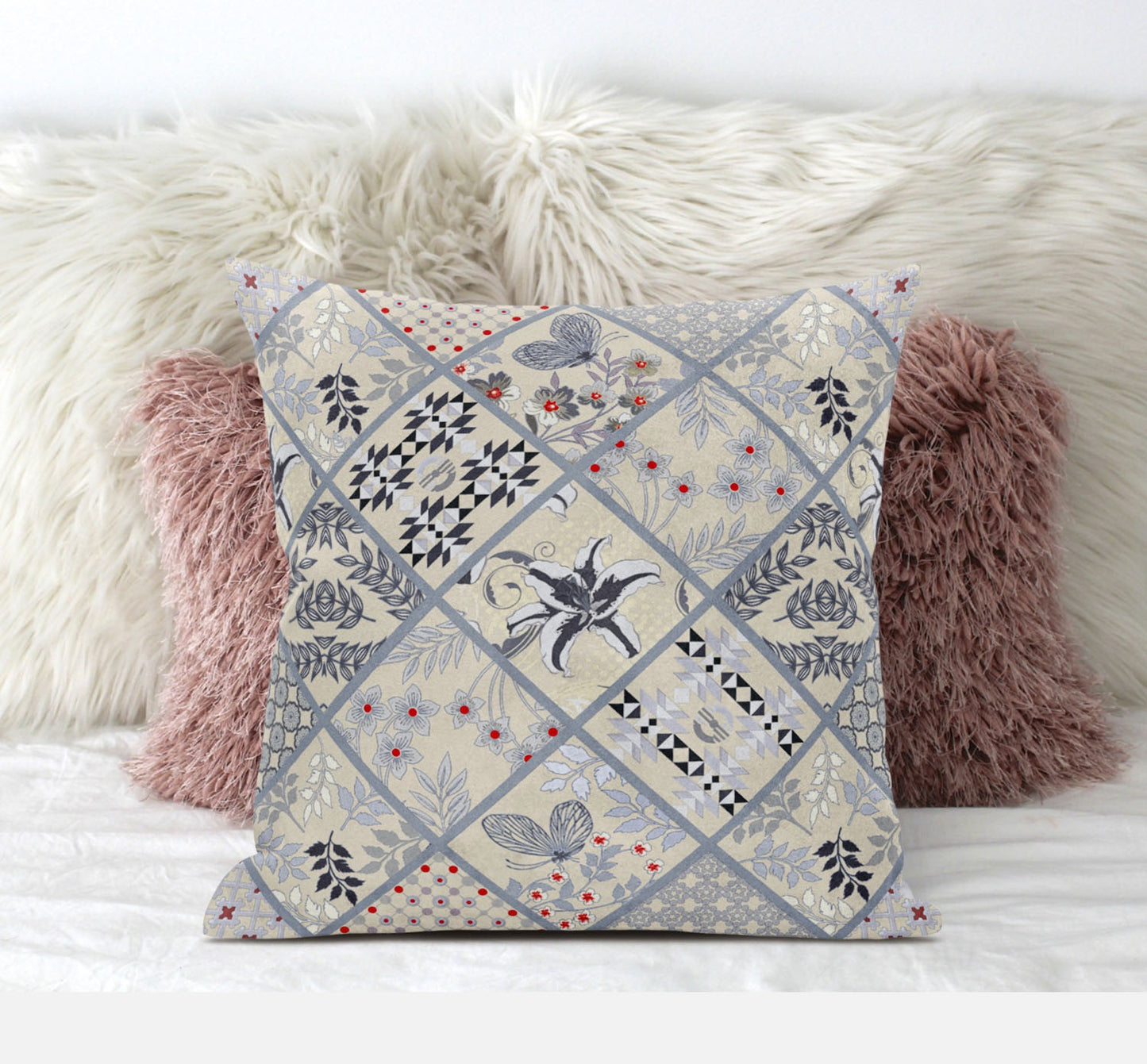 Cream Gray Patch Suede Pillow