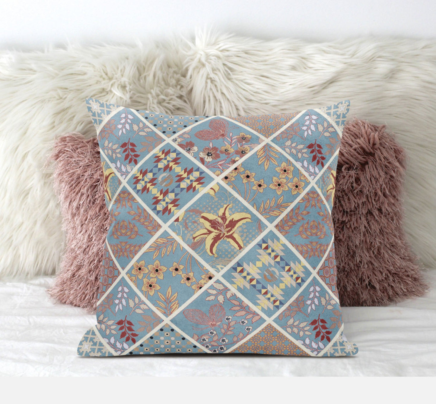 Blue Yellow Patch Suede Pillow