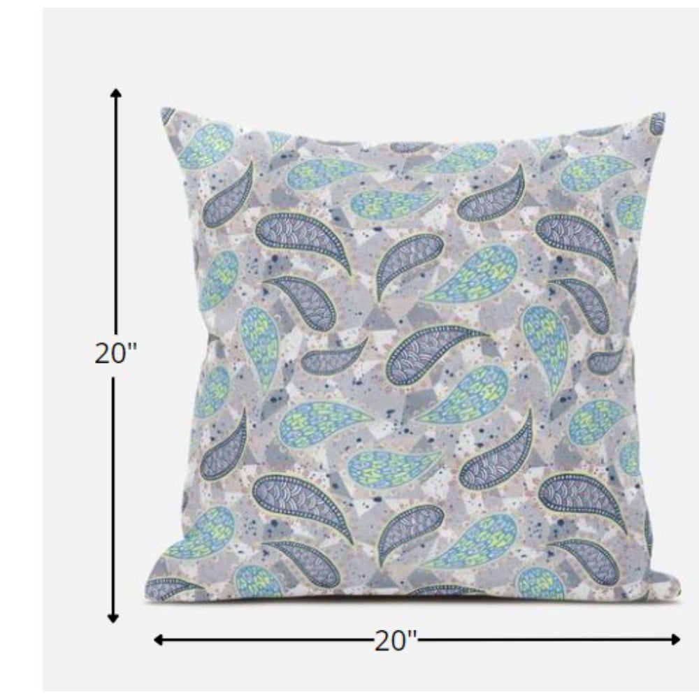 Gray Green Boho Paisley Suede Pillow
