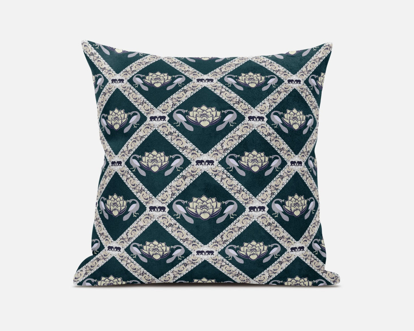Dark Green Yellow Gray Lotus Floral Suede Pillow