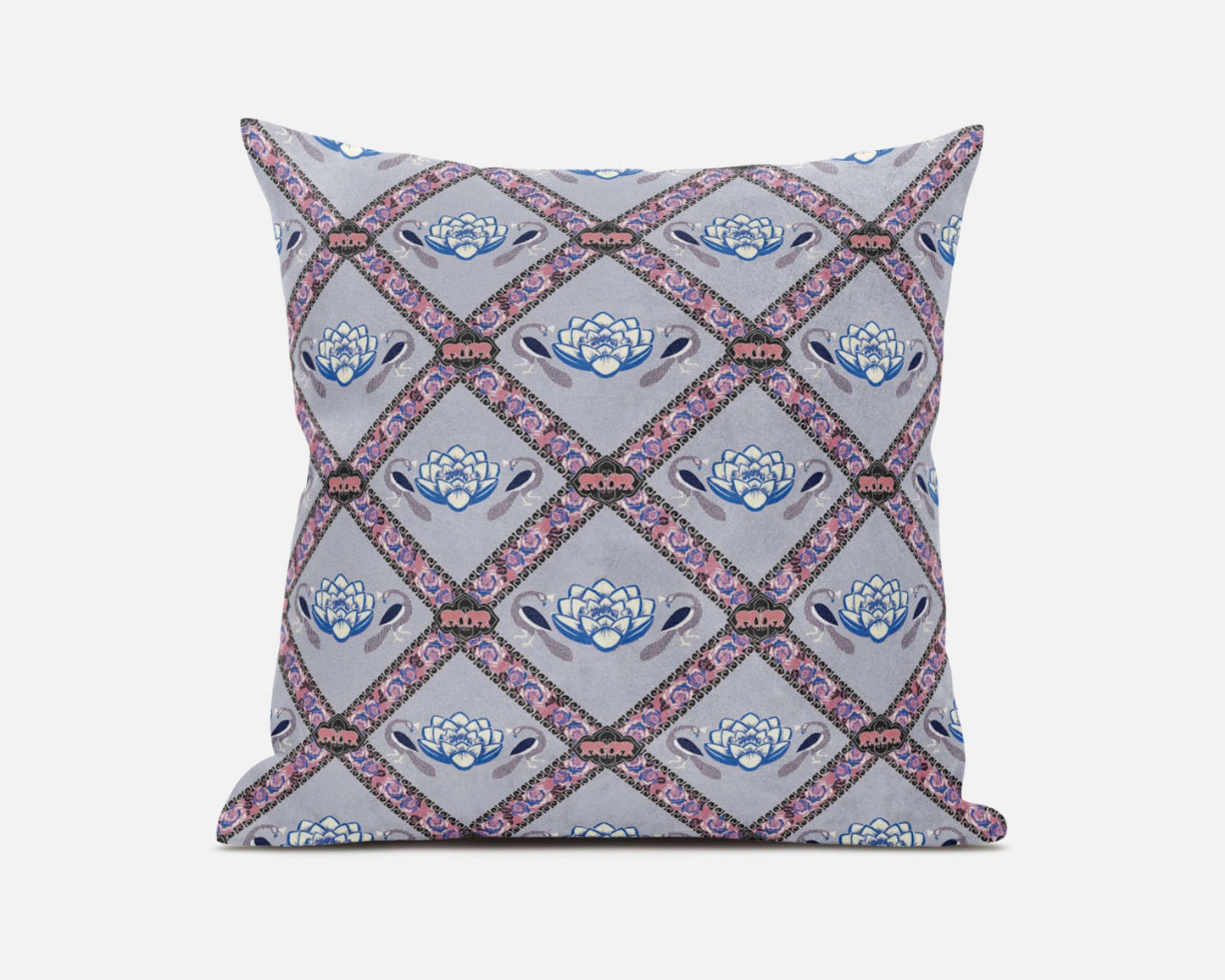 Gray Blue Pink Lotus Floral Suede Pillow