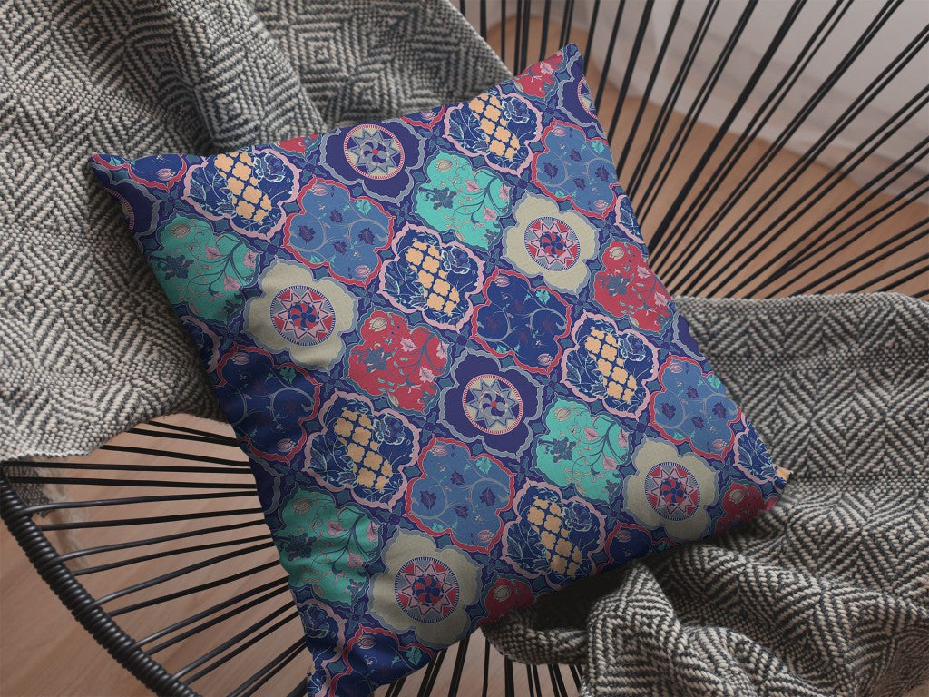 Navy Red Trellis Suede Pillow