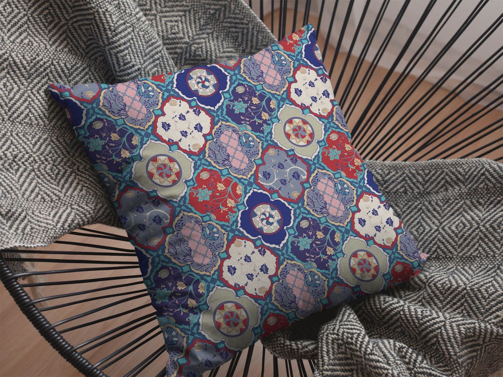Turquoise Cream Trellis Suede Pillow