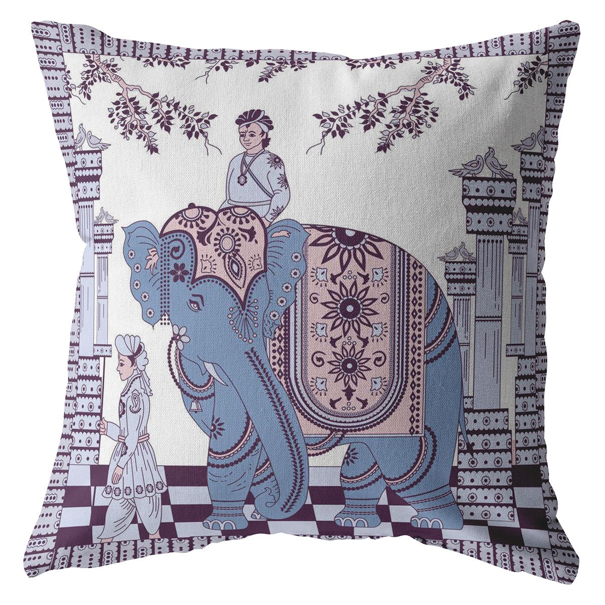 Blue Purple Ornate Elephant Suede Pillow