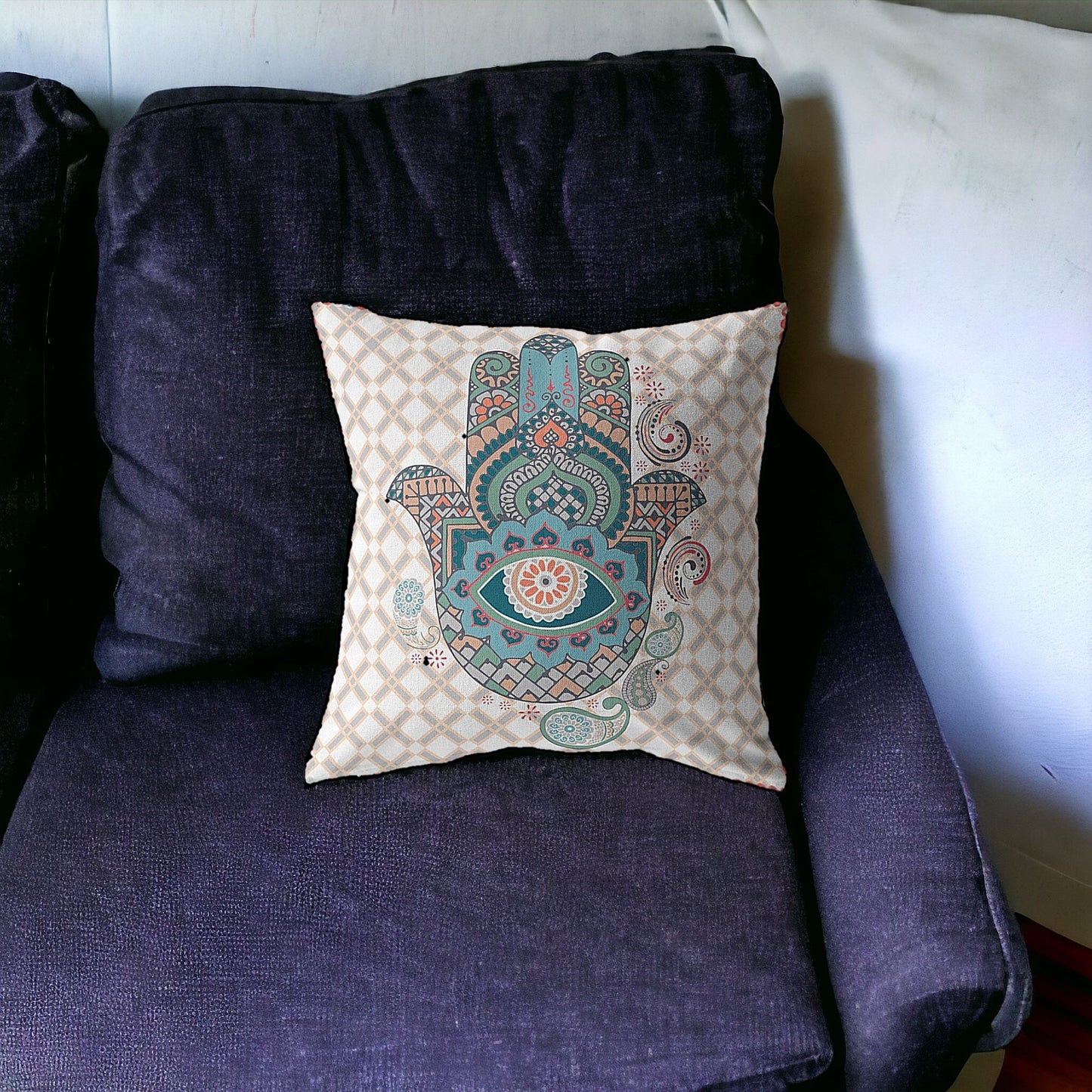 Blue Gray Hamsa Boho Suede Pillow