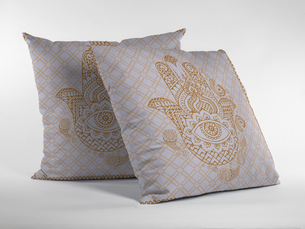 Gold White Hamsa Boho Suede Pillow