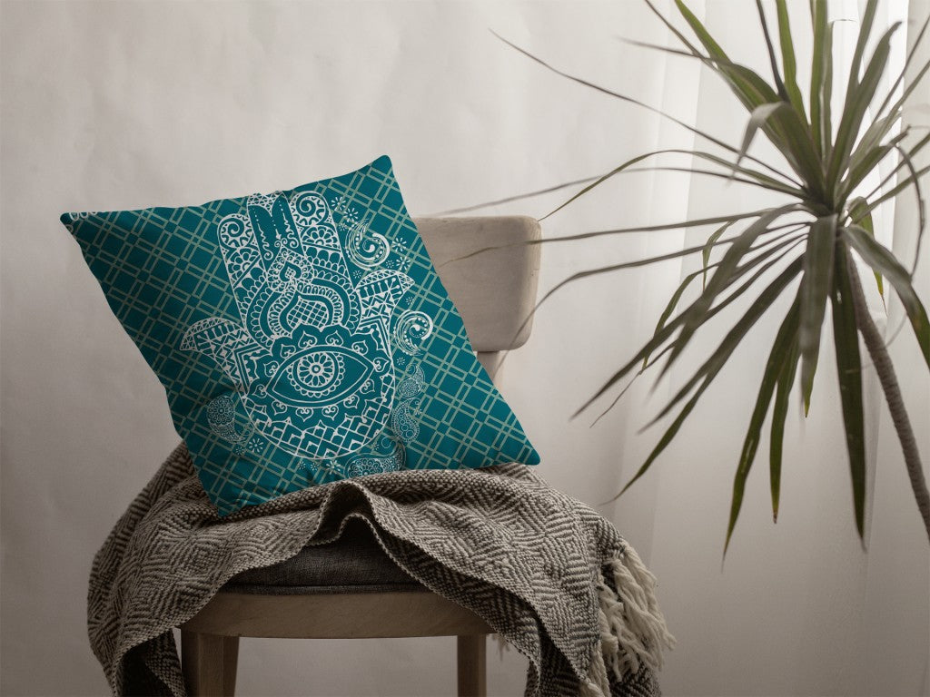 Teal White Hamsa Boho Suede Pillow