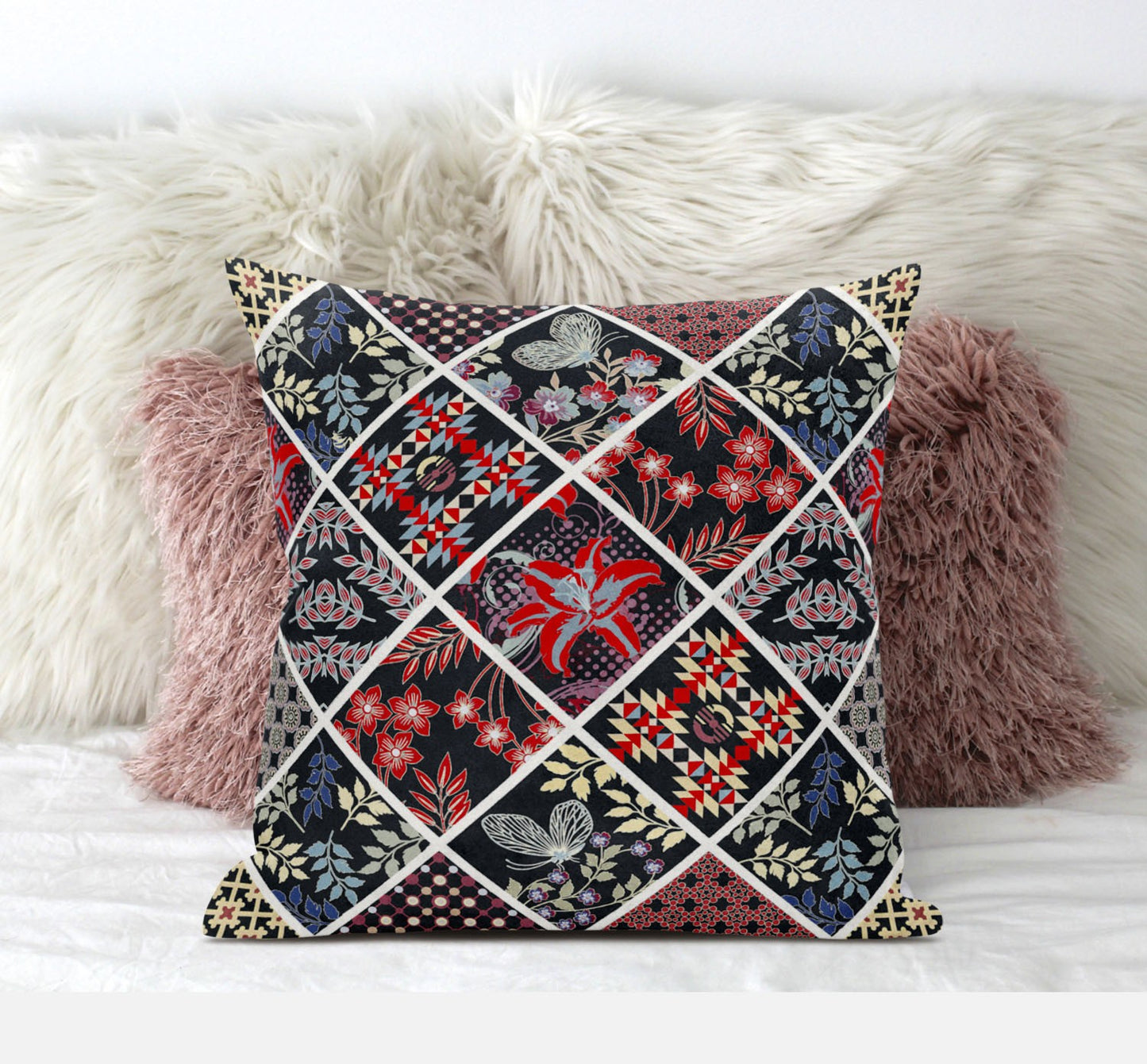 Black Red Patch Suede Pillow