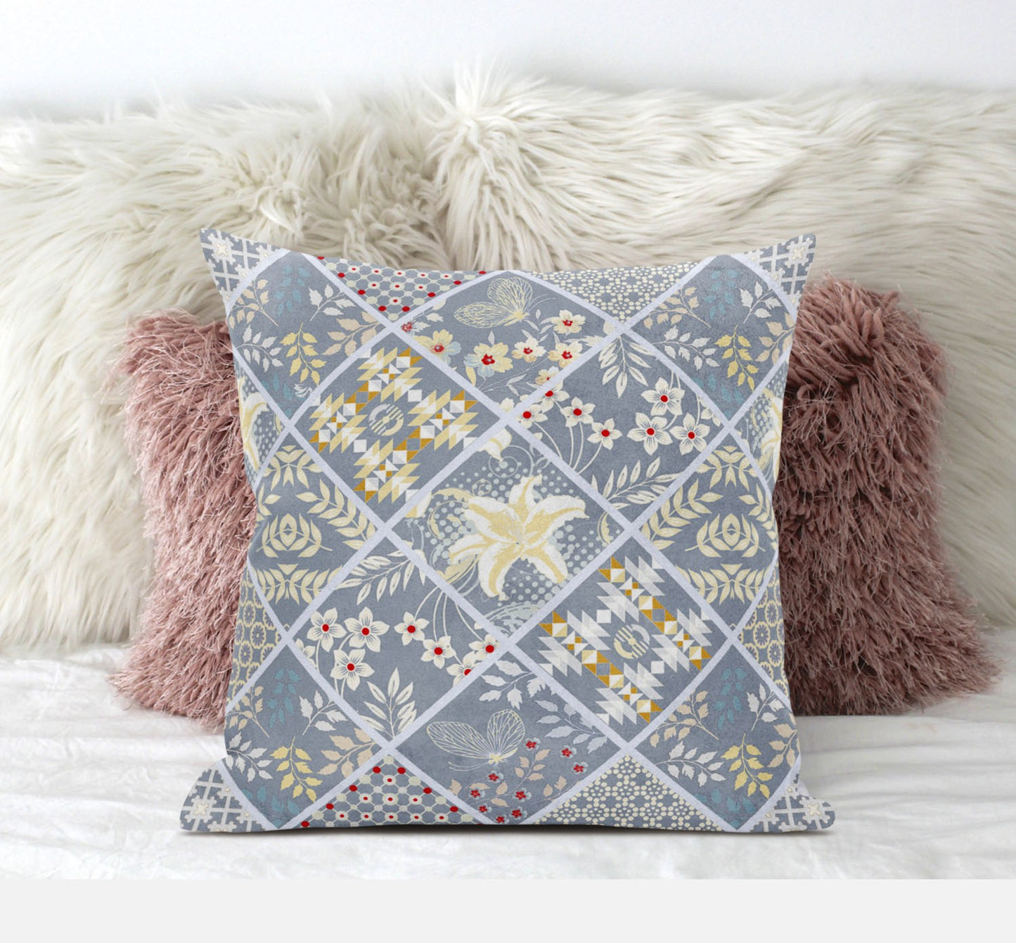 Gray Yellow Patch Suede Pillow