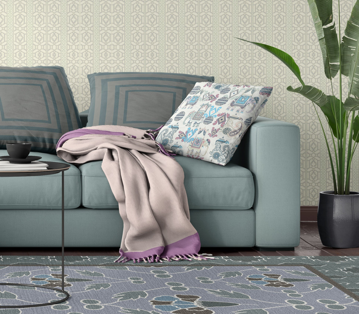 Beige & Blue Paisley Suede Pillow