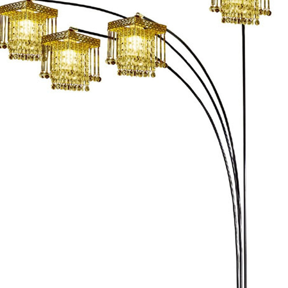 Black 4-Light Arc Floor Lamp w/ Clear Crystal Glass Chandelier Shade
