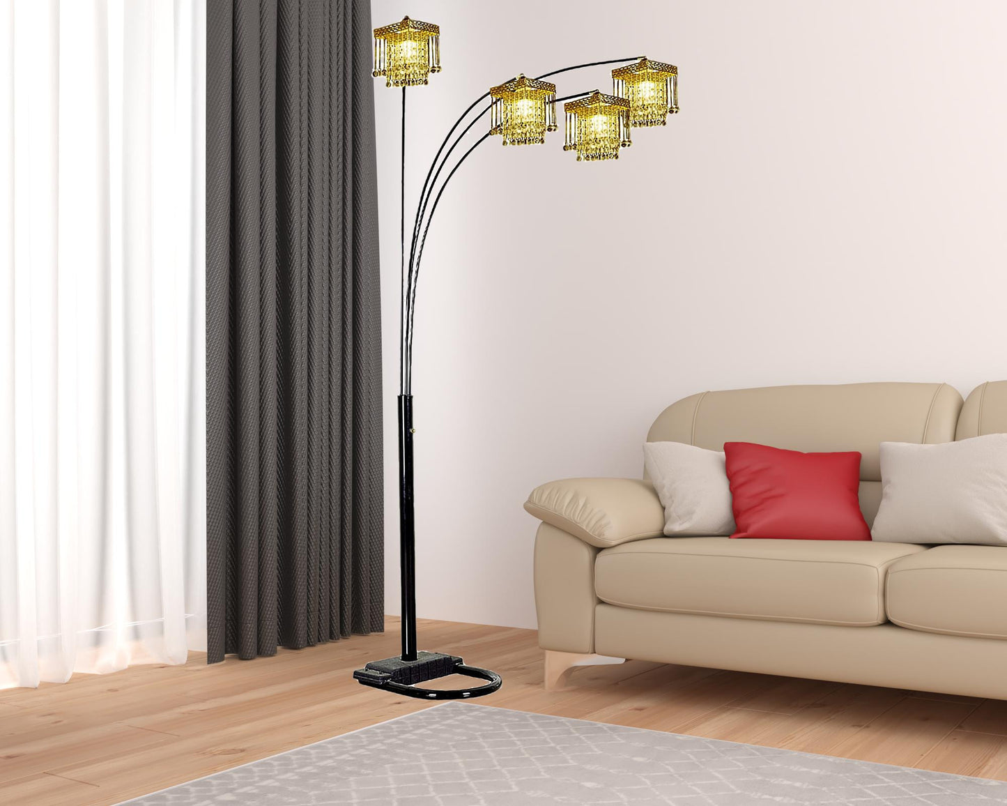 Black 4-Light Arc Floor Lamp w/ Clear Crystal Glass Chandelier Shade