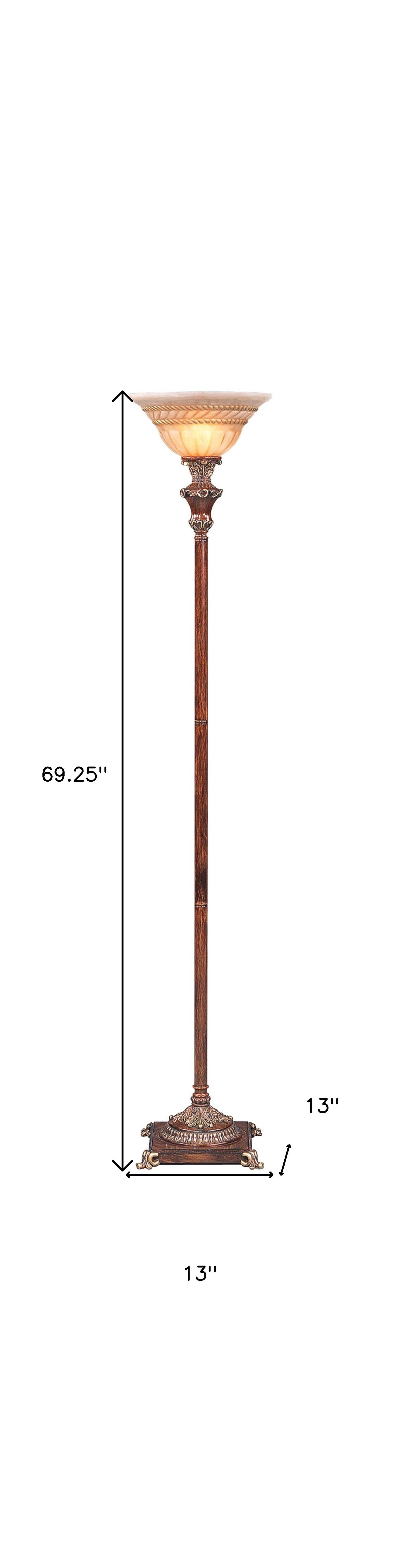 Brown Faux Wood Torchiere Floor Lamp w/ Brown Stained Glass Shade
