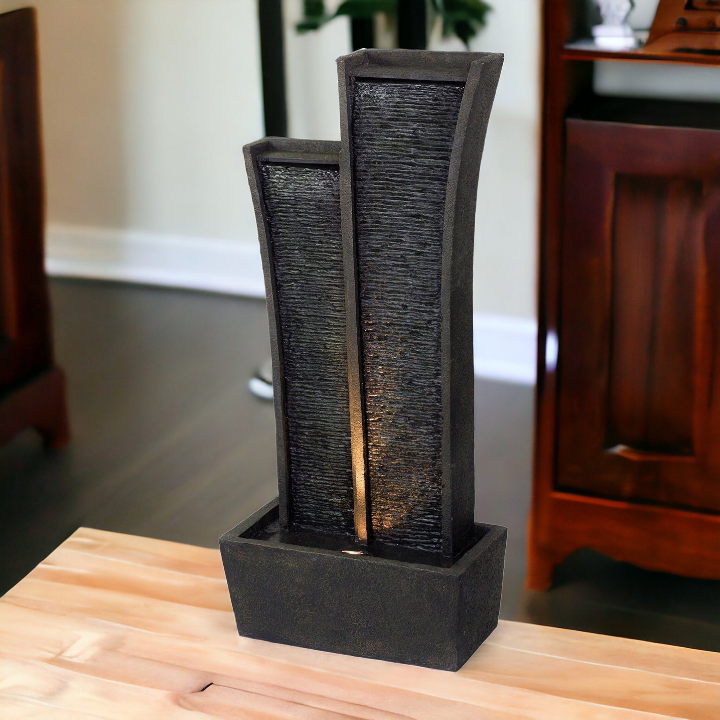 Grey Polyresin Tower Indoor Outdoor Tabletop Fountain