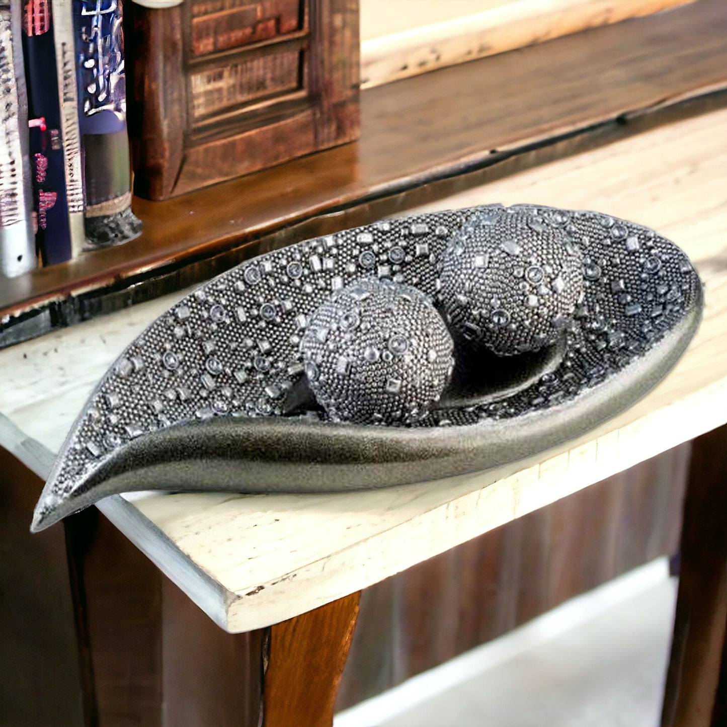 Silver Long Polyresin Decorative Bowl With Orbs