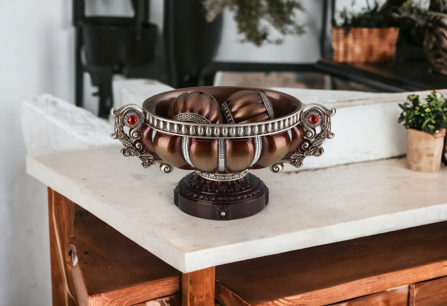 Reddish Bronze & Silver Polyresin Decorative Bowl With Orbs