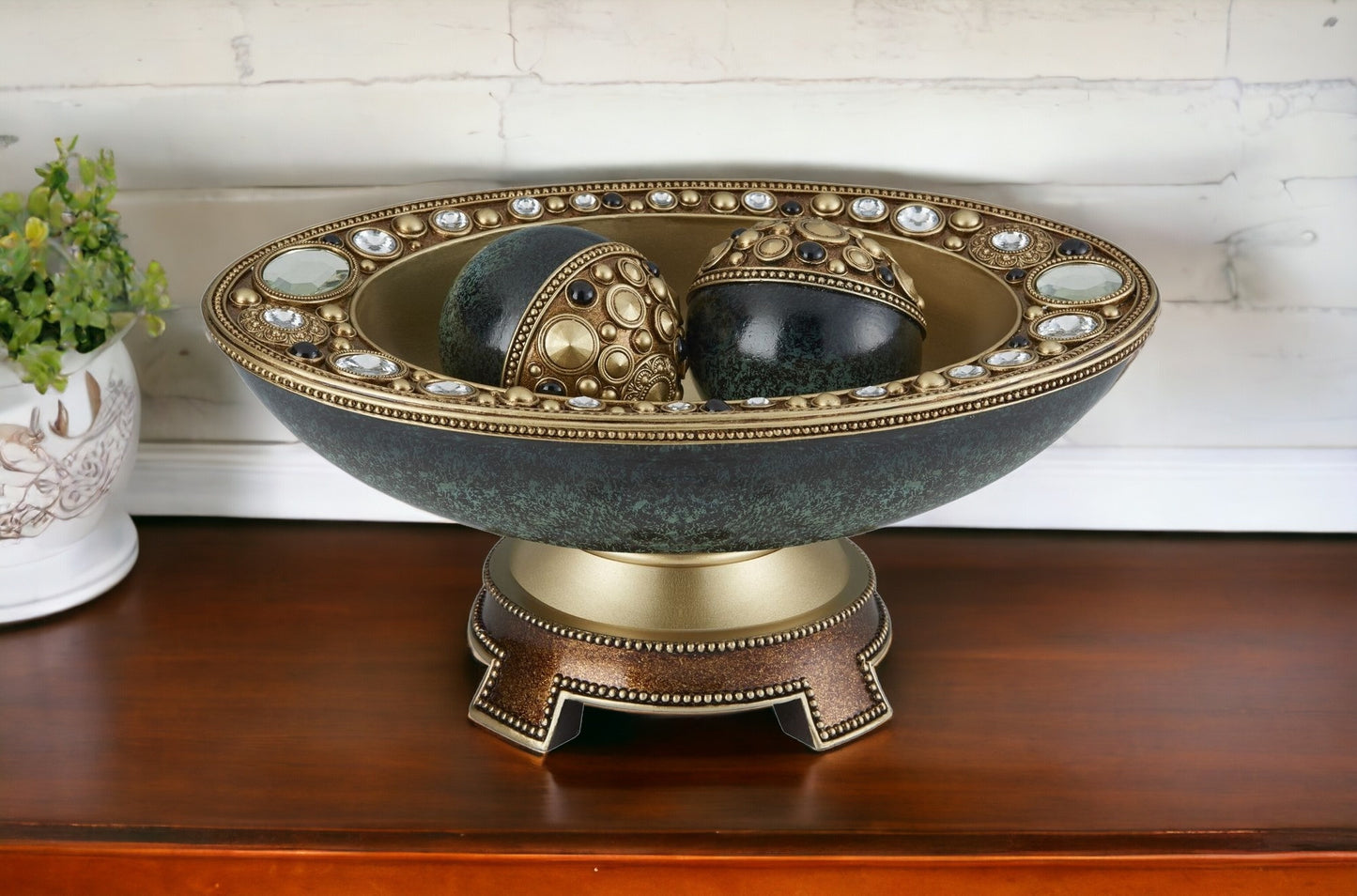 Marbleized Green & Gold Polyresin Decorative Bowl With Orbs