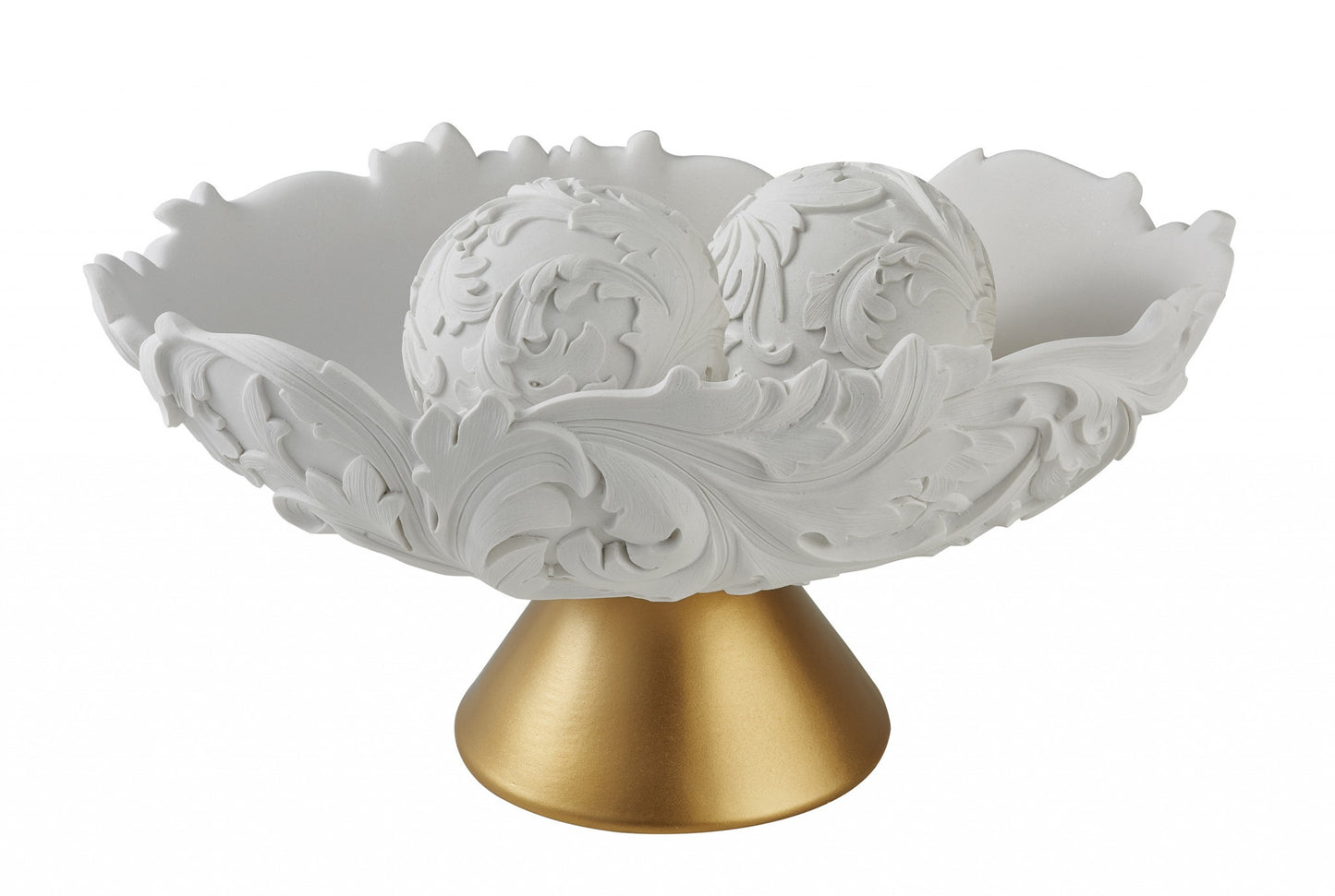 Matte Gold & White Polyresin Decorative Bowl With Orbs