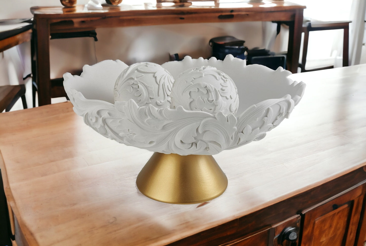 Matte Gold & White Polyresin Decorative Bowl With Orbs