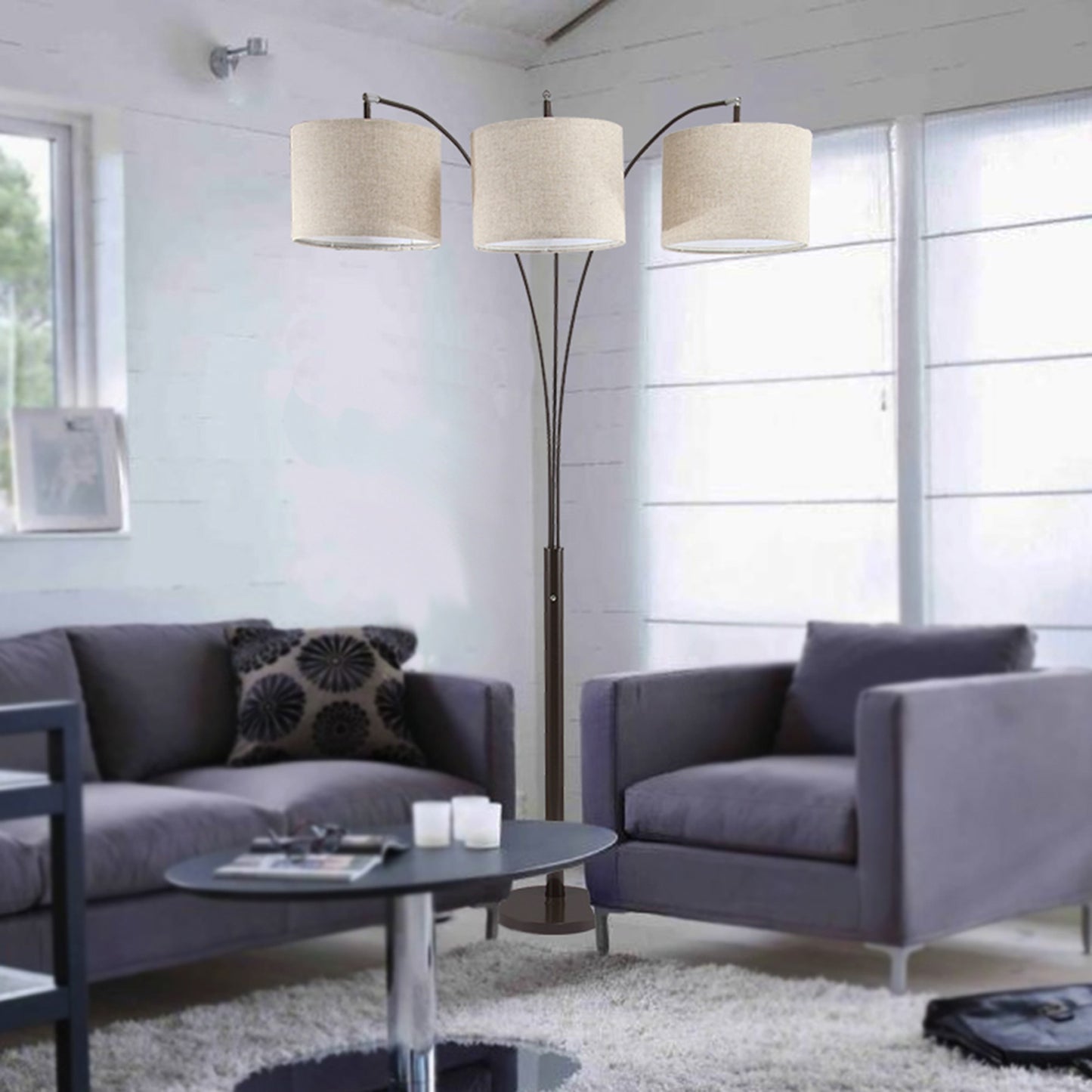 Beige & Espresso Brown Three Lights Tree Floor Lamp w/ Shade