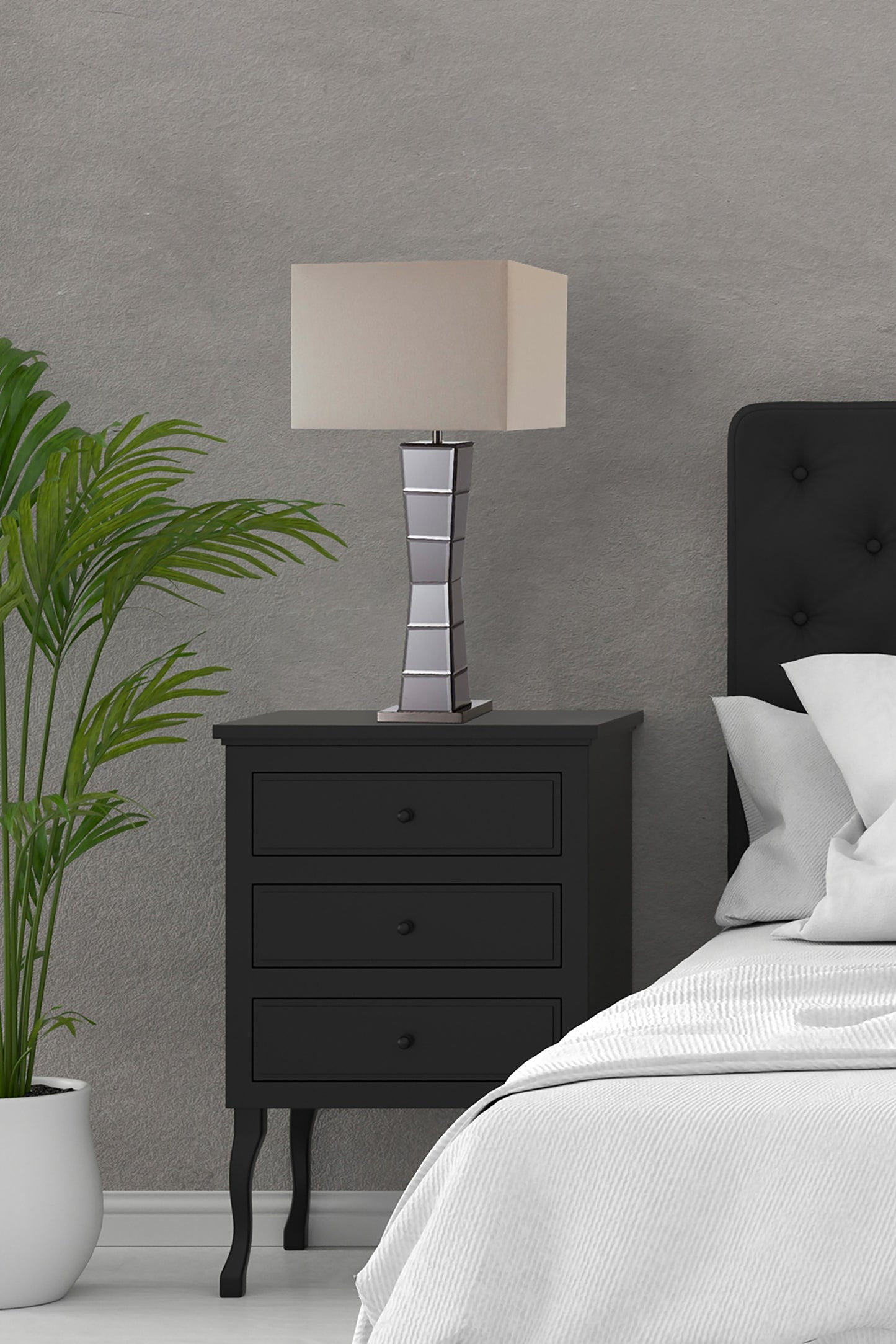 Black Glass Tower Table Lamp w/ Beige Shade
