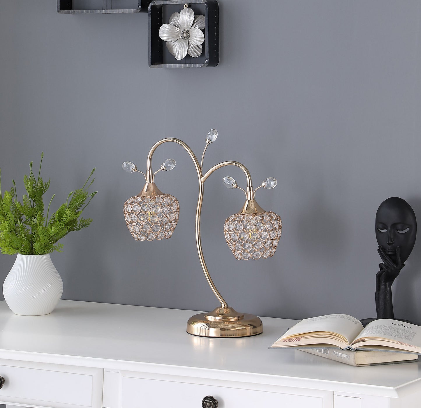Gold Two Light Bedside Table Lamp w/ Clear Shade