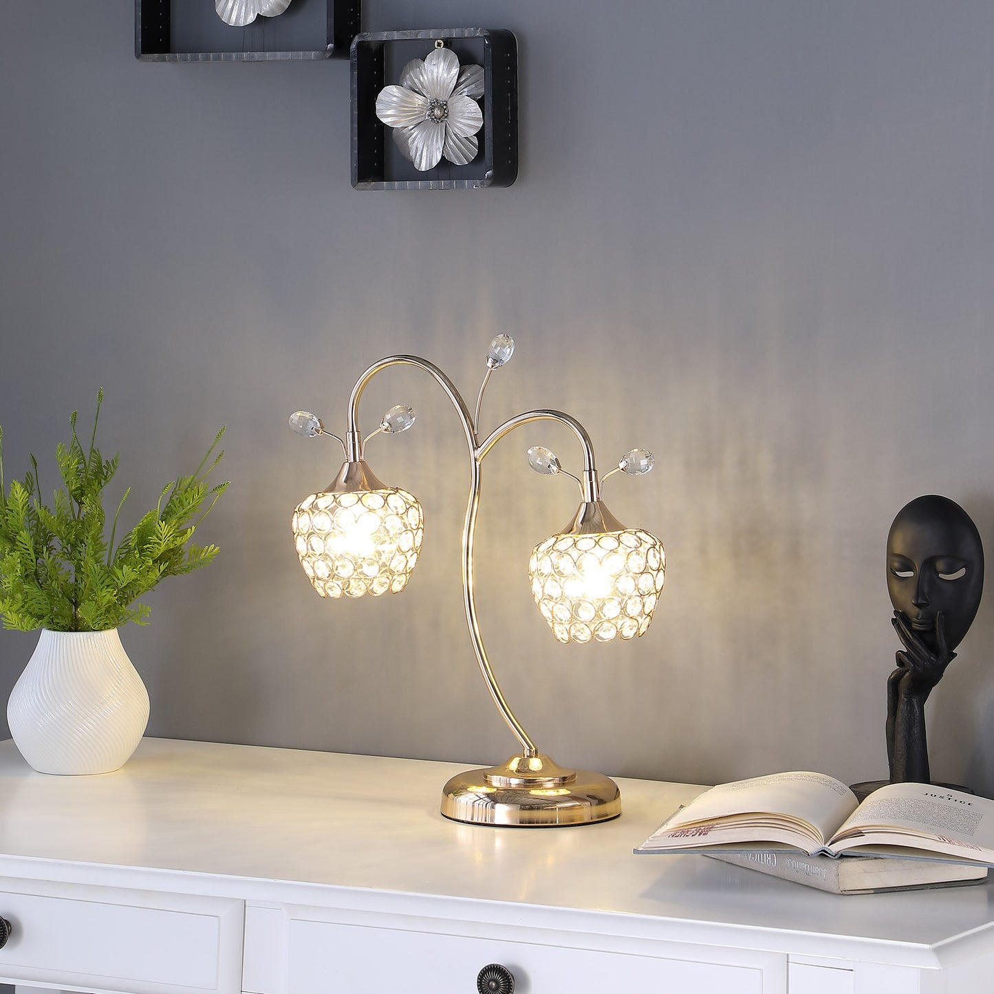 Gold Two Light Bedside Table Lamp w/ Clear Shade