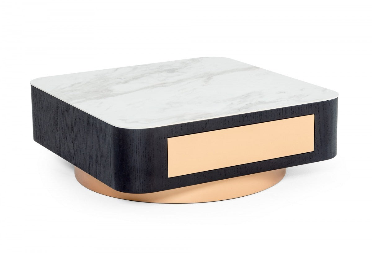 Modern White Black & Rose Gold Coffee Table w/ One Drawer