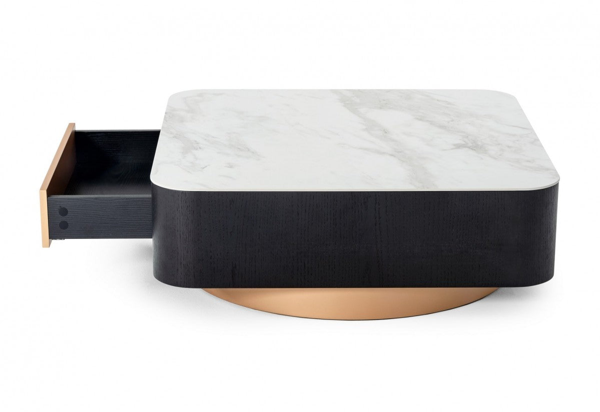 Modern White Black & Rose Gold Coffee Table w/ One Drawer