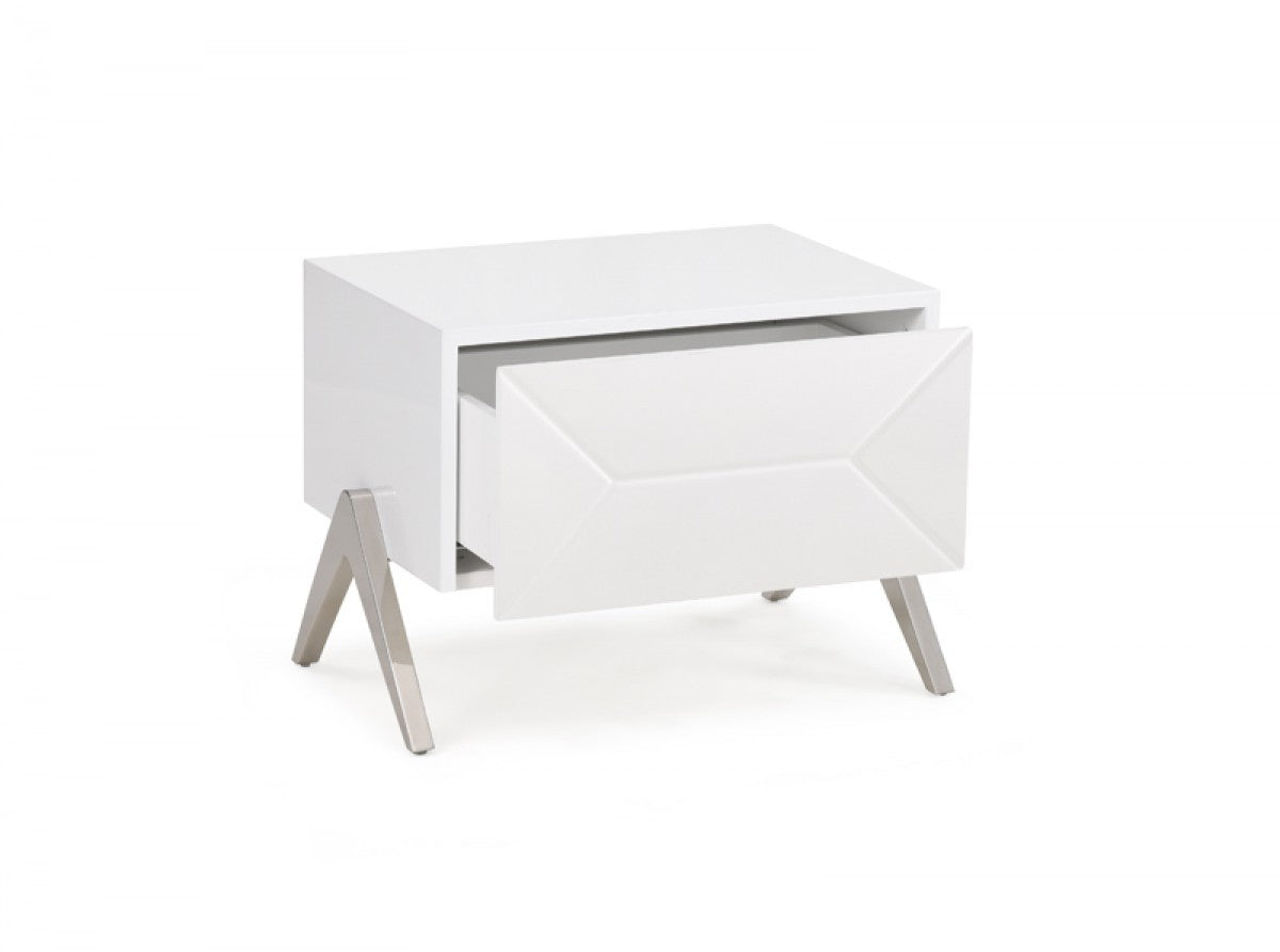 Modern Silky White Nightstand w/ Steel Legs
