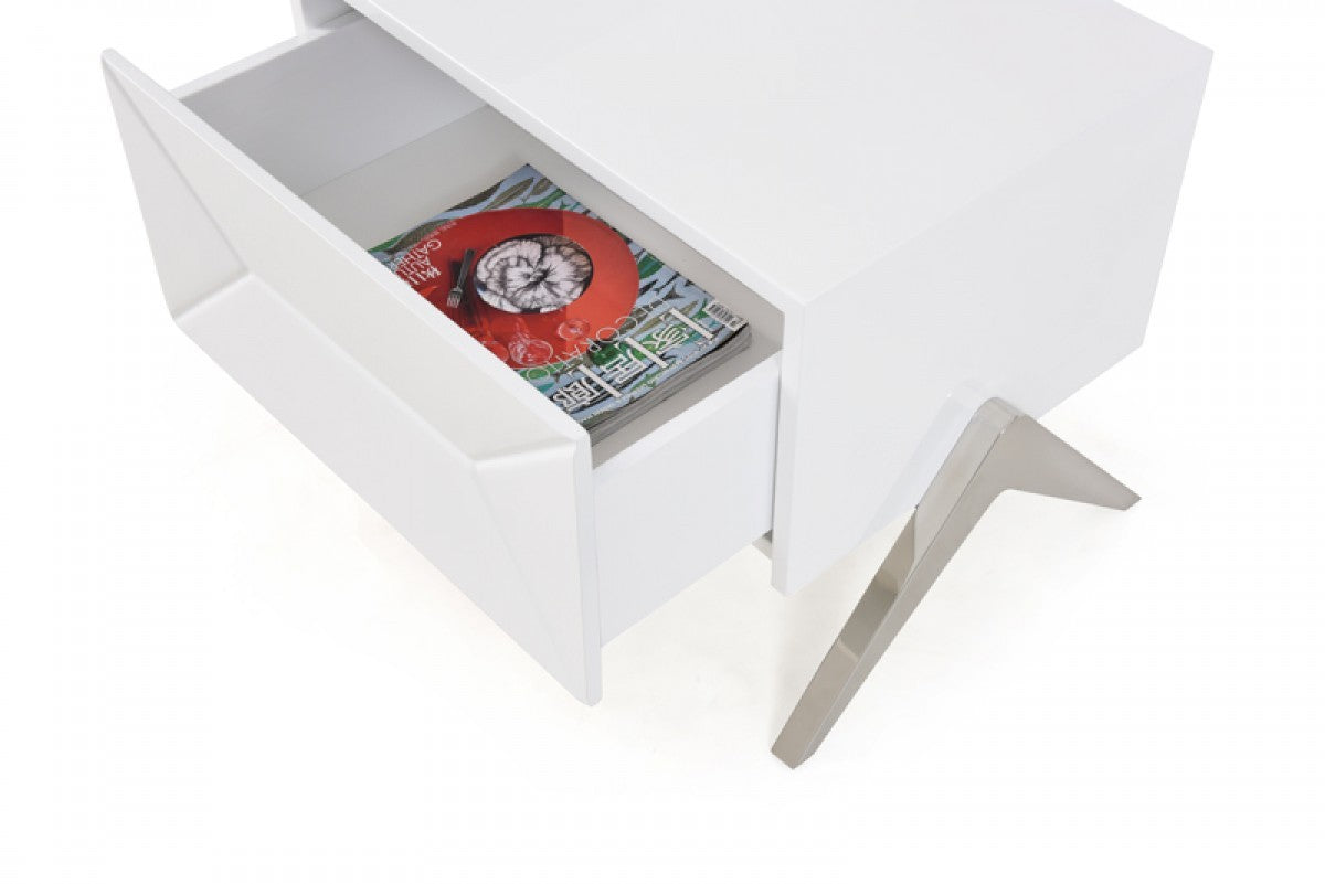 Modern Silky White Nightstand w/ Steel Legs