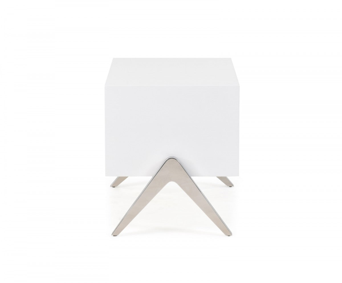 Modern Silky White Nightstand w/ Steel Legs