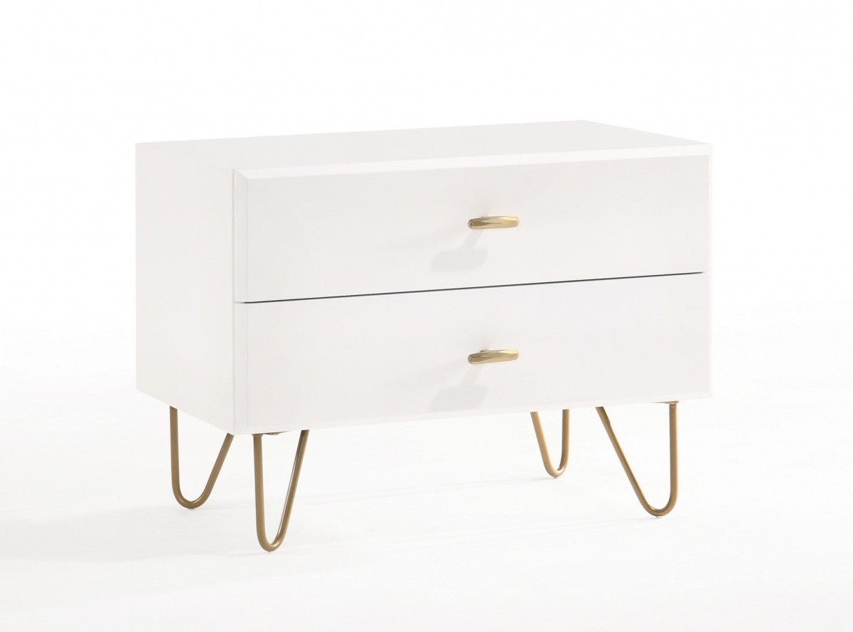 Contemporary White & Gold Nightstand w/ 2 Drawers