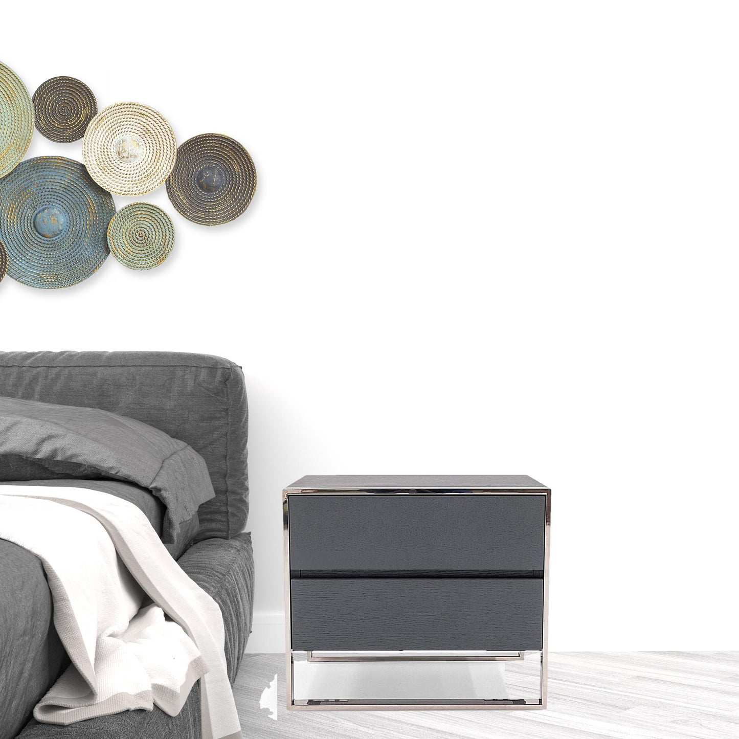 Modern Gray & Stainless Steel Nightstand