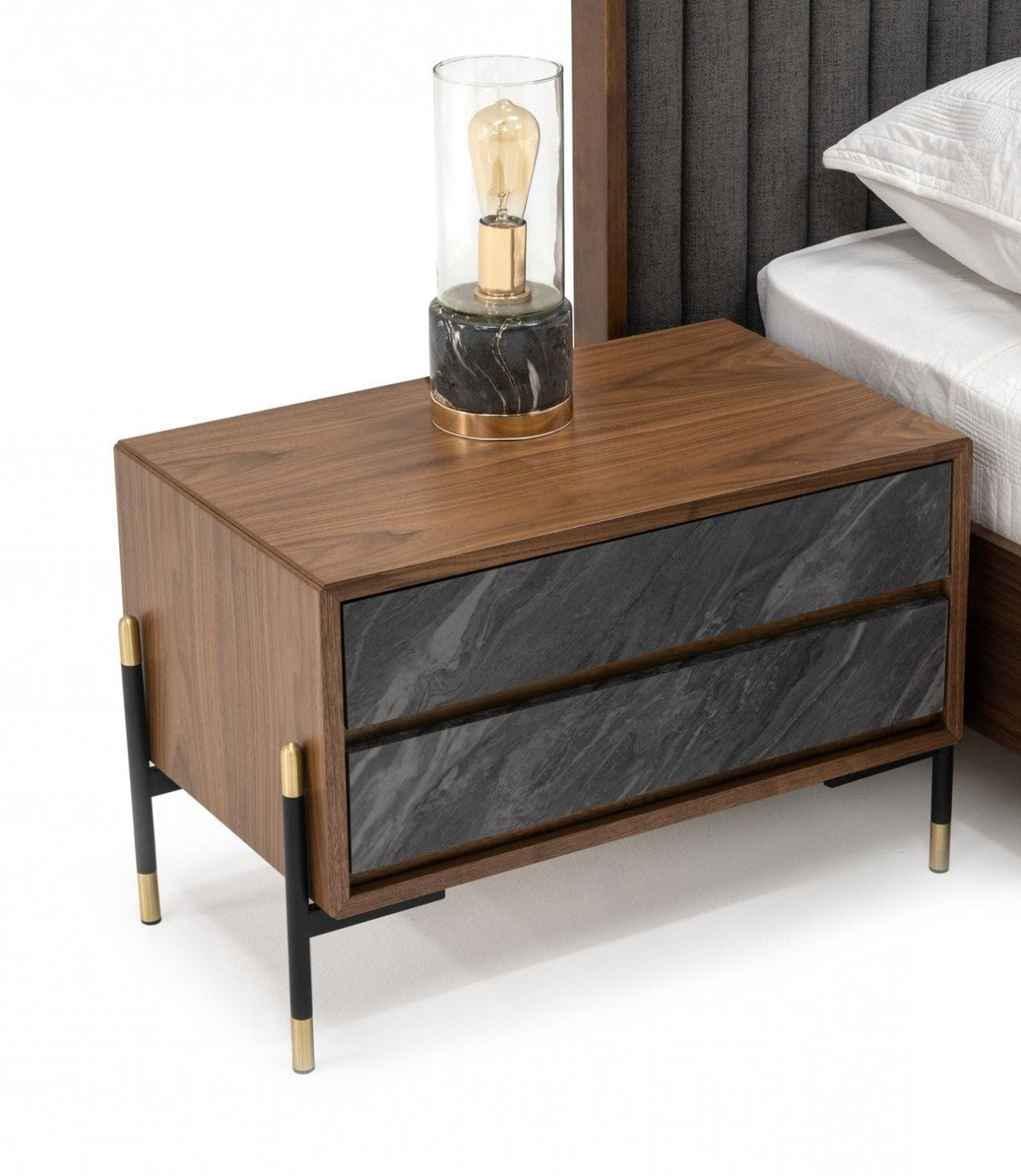 Mid Century Walnut & Gray Faux Marble Nightstand