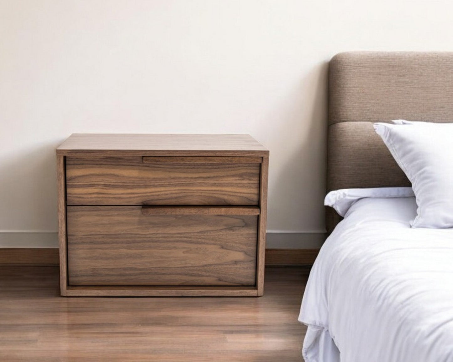 Modern Light Brown Walnut Nightstand w/ 2 Drawers