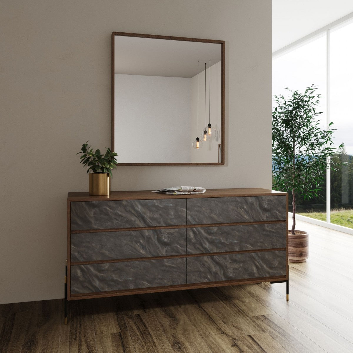 Grey Solid Wood 6-Drawer Double Dresser