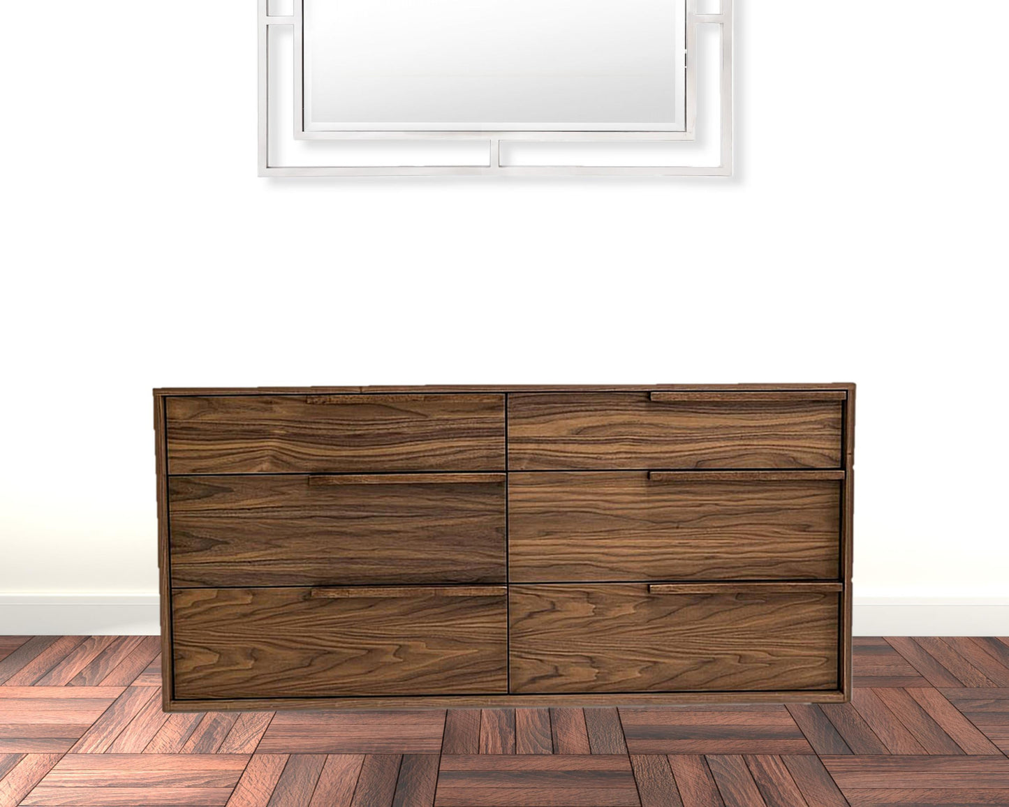 Grey Faux Marble and Black Wood 6-Drawer Double Dresser