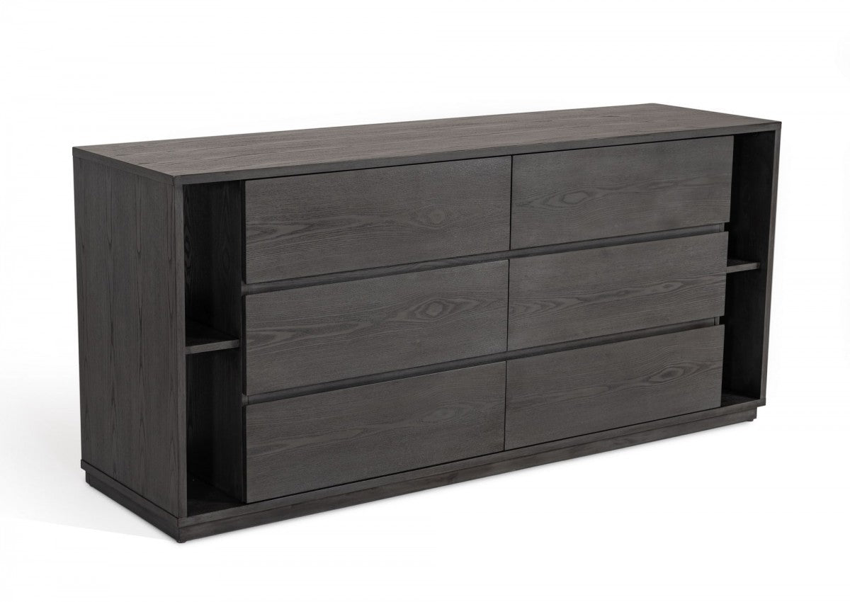 Walnut And Grey Faux Marble Wood 6-Drawer Double Dresser