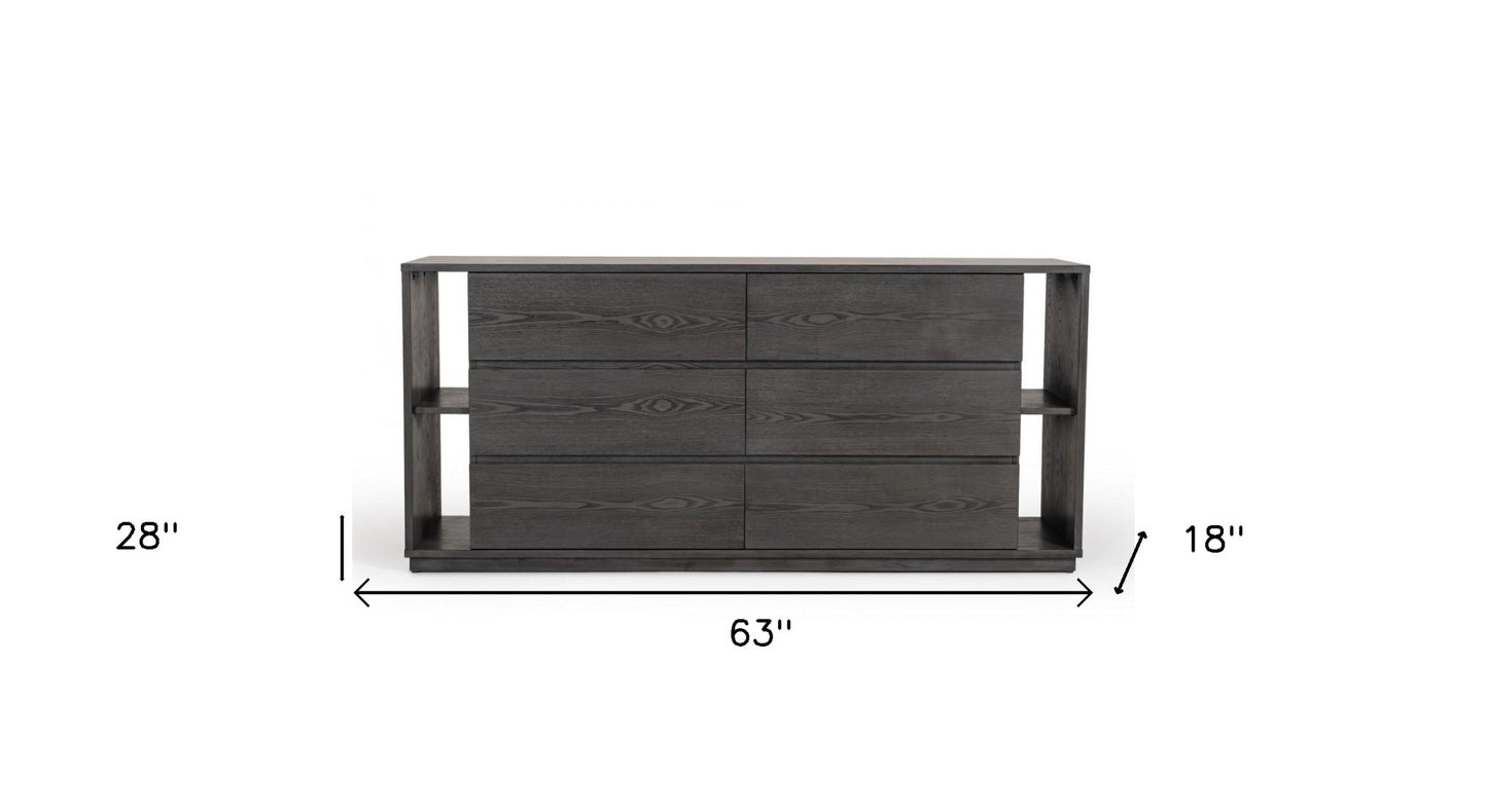 Walnut And Grey Faux Marble Wood 6-Drawer Double Dresser