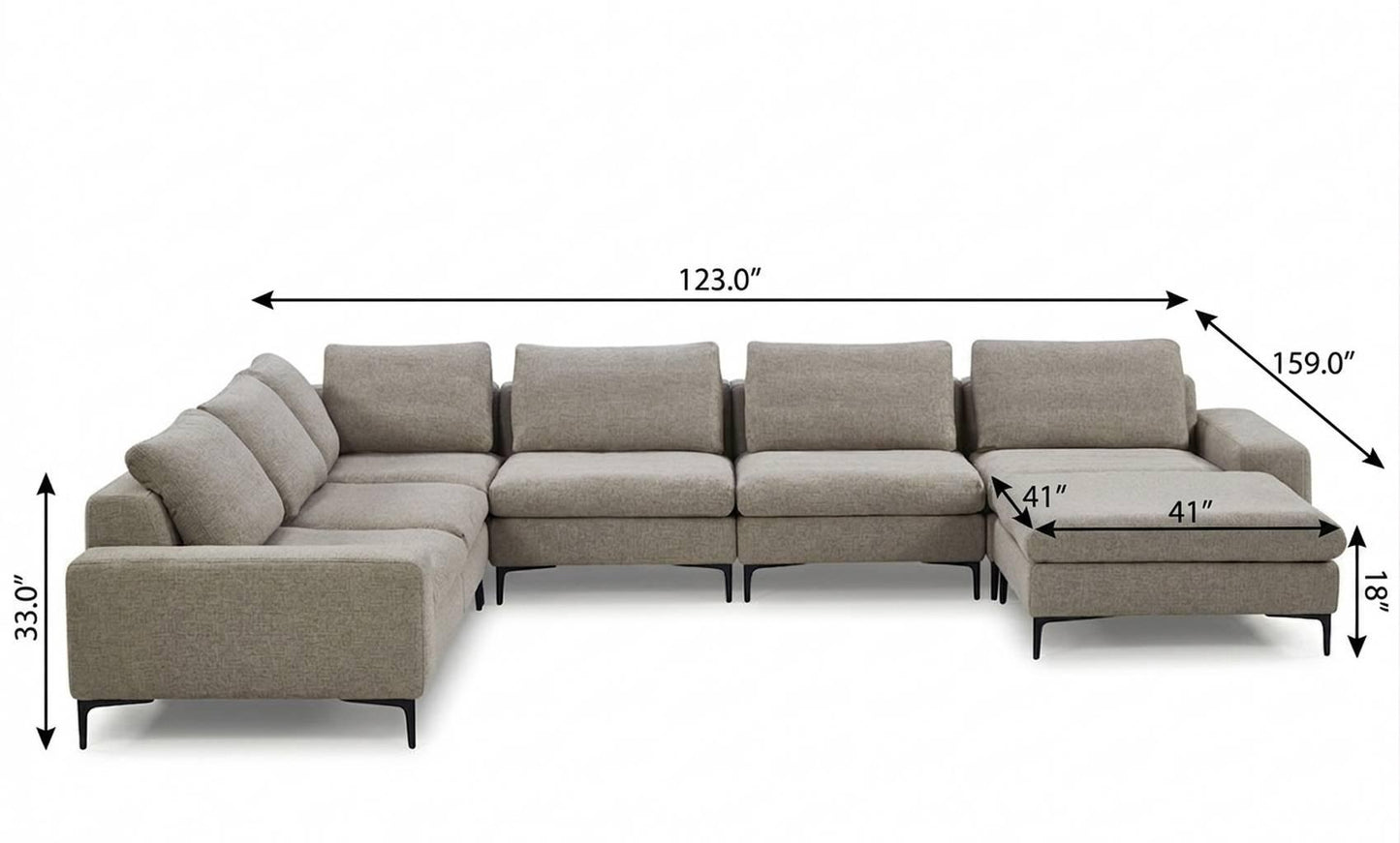 Designer Contemporary Tan Fabric U Shaped Sectional Sofa