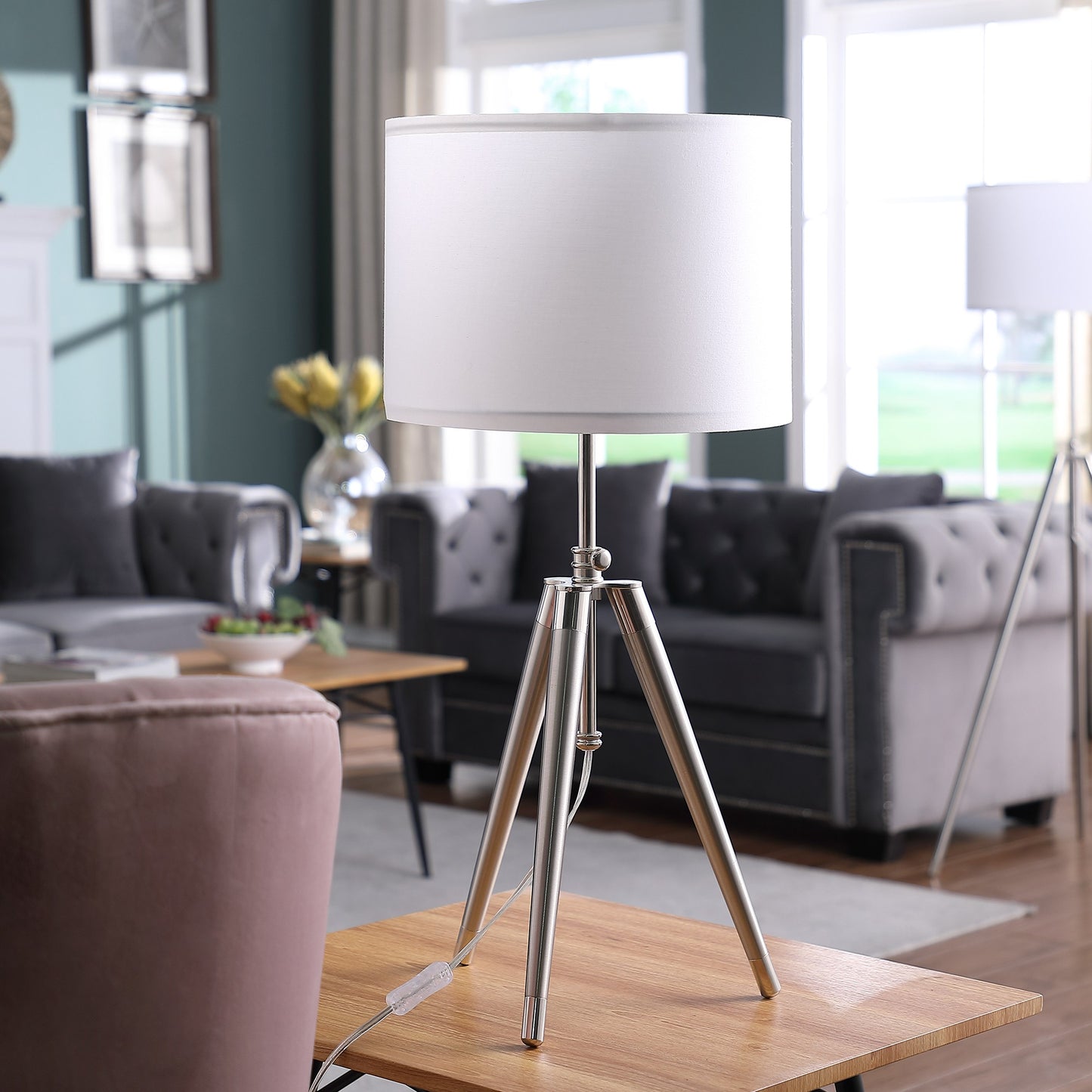 Silver Adjustable Tripod Table Lamp w/ Shade