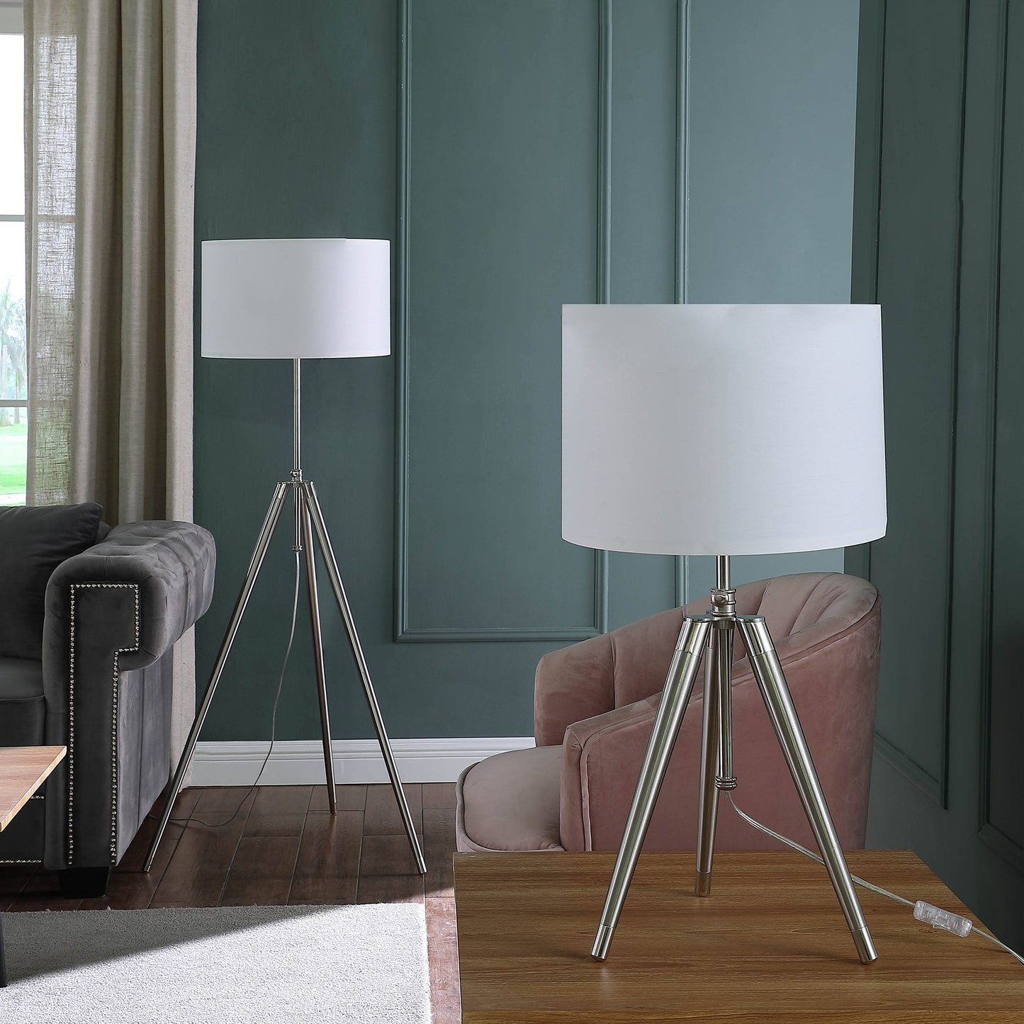 Silver Adjustable Tripod Table Lamp w/ Shade