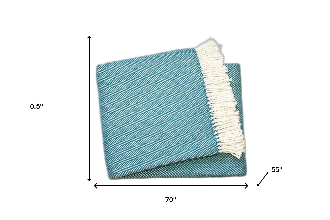 Teal & White Woven Herringbone Throw